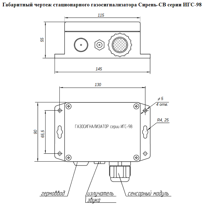 Габаритный чертеж стационарного газосигнализатора Сирень-СВ серии ИГС-98